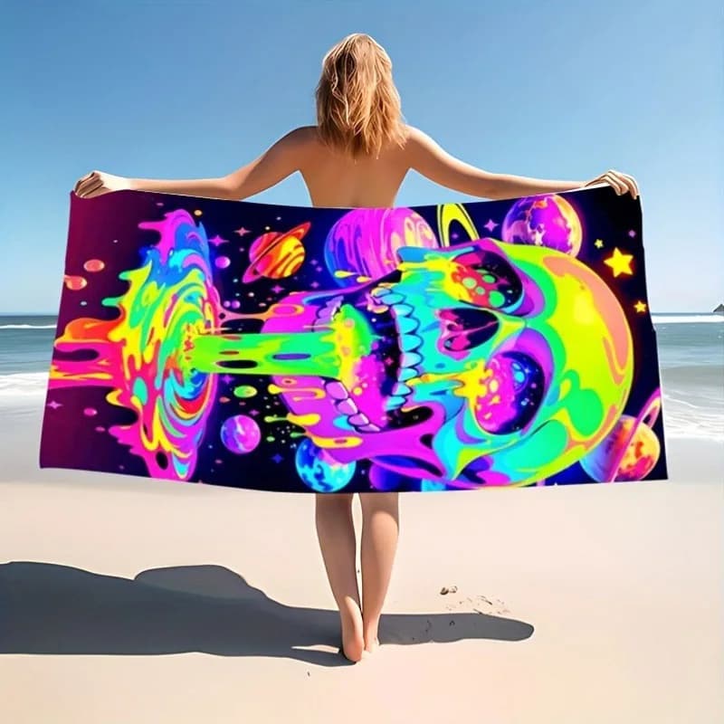 Telo mare colorato con teschio e pianeta, protezione solare fantasia e antivento, adatto per piscina, campeggio, coperta da viaggio