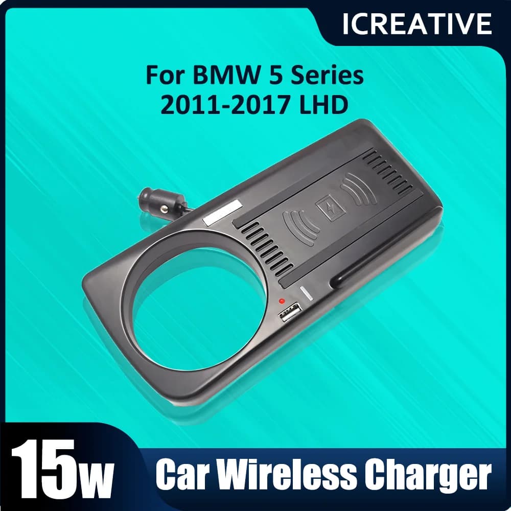 Caricatore wireless per auto a Led supporto di ricarica per caricabatterie per cellulare 15w per BMW serie 5 F10 F11 F18 2011 2012 2013 2014 2015 2016 2017