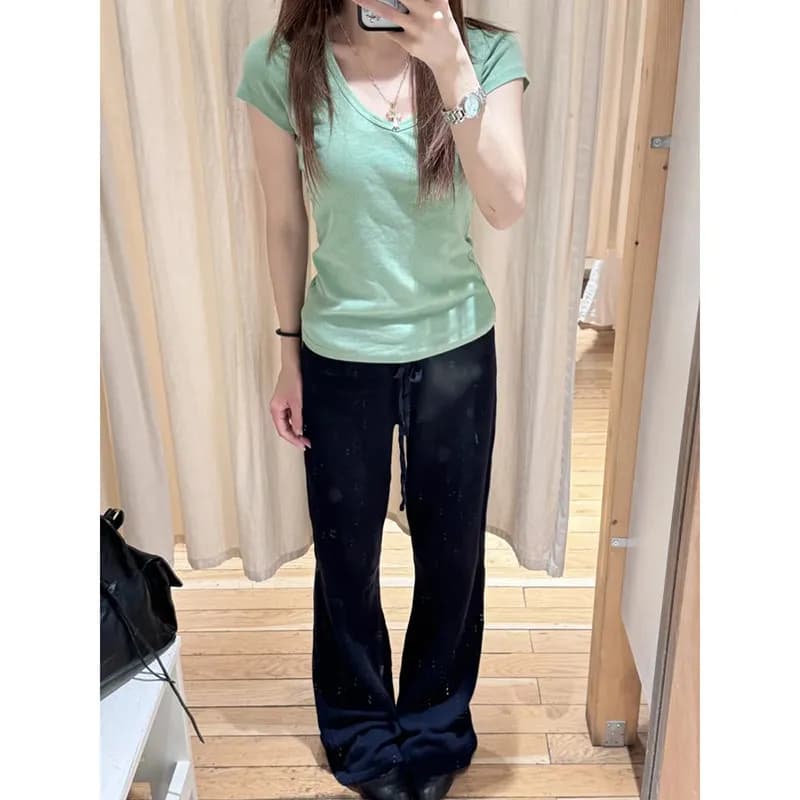 MosesQueen Dopaamine Green V-Neck Short Sleeve Slim Fit T-Shirt Women's Summer Fashion Casual Comfortable Breathable Top