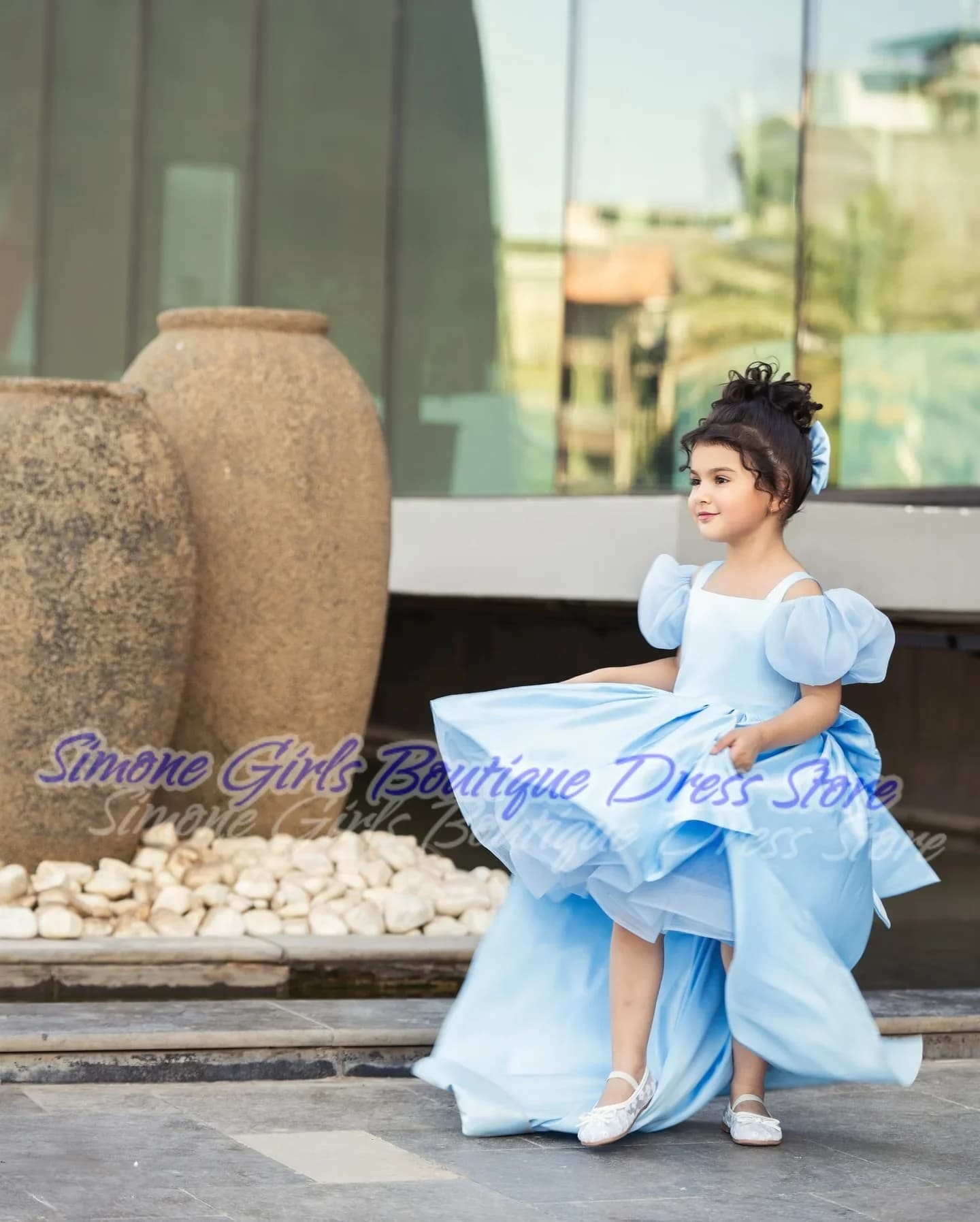 Abito da principessa blu con maniche a sbuffo Abito da ragazza di fiori per feste di compleanno Ricevimenti formali Cerimonie nuziali Spettacoli di danza