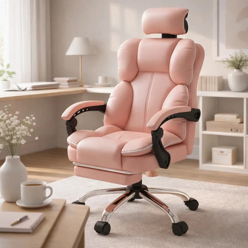 Poltrona con Ampio Cuscino, Sedia da Gaming con Poggiatesta Regolabile, Sedia per Camera da Letto Femminile, Comoda Sedia da Computer con Schienale