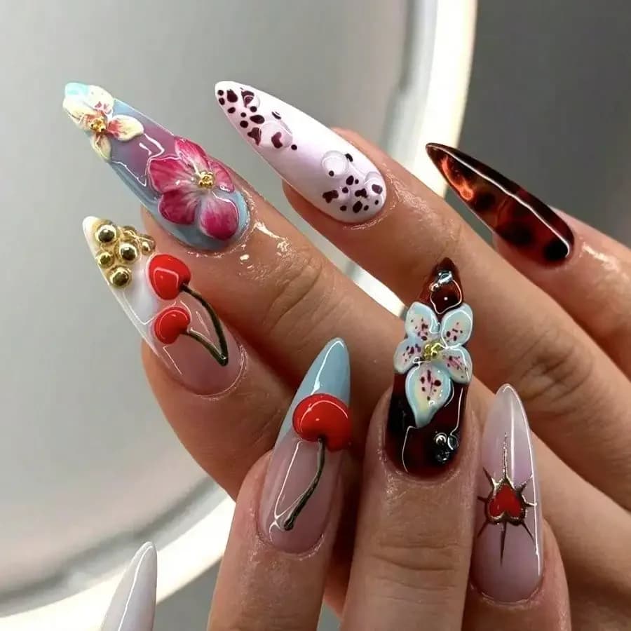 Set di 24 Pezzi per Nail Art 3D con Diamanti in Rilievo, Fiori di Ciliegio, Patch per Unghie Pronte all'Uso