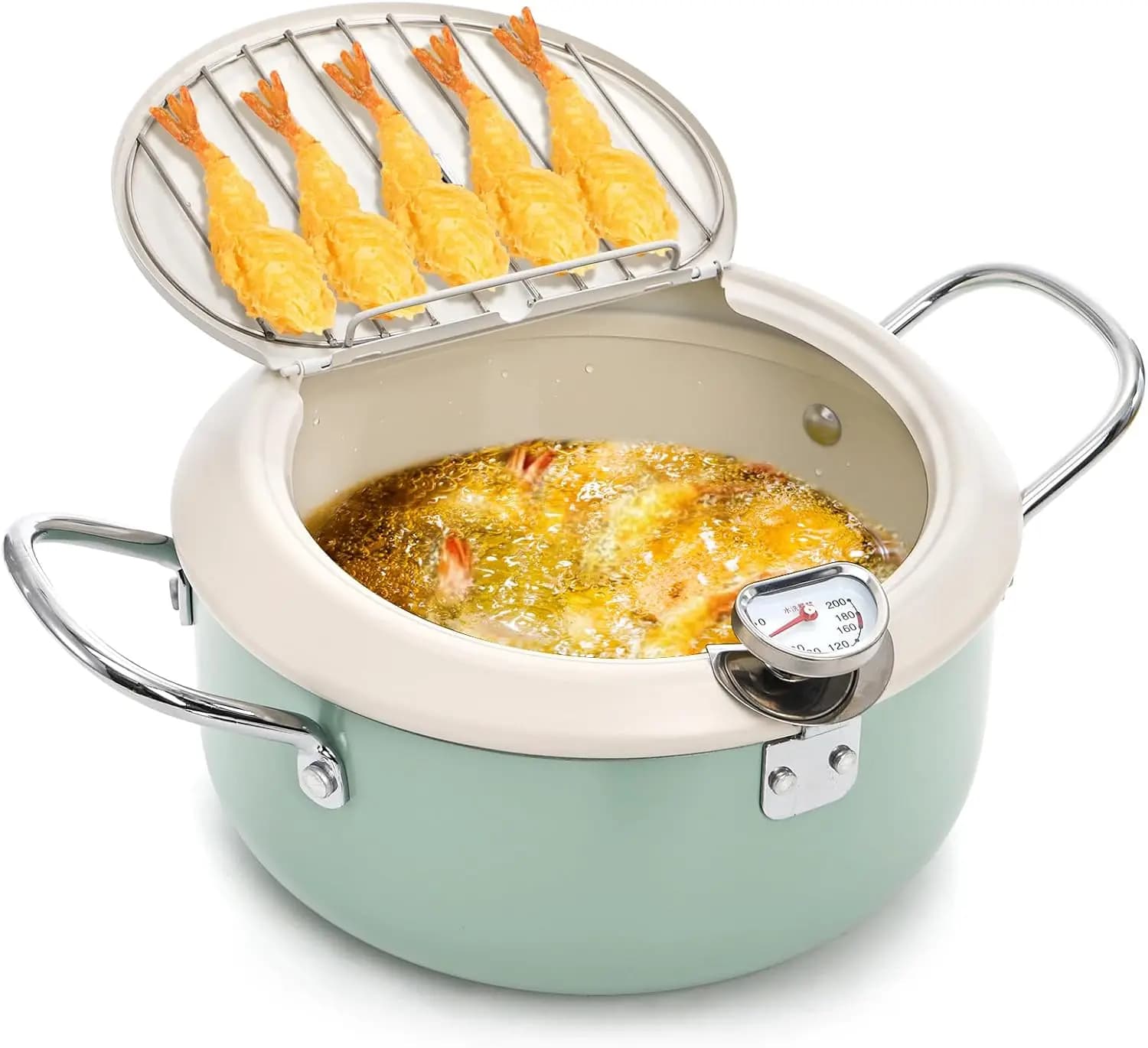 Pentola per frittura profonda con termometro, coperchio e griglia di drenaggio dell'olio - Padella antiaderente per tempura, patatine fritte, pollo, frutti di mare