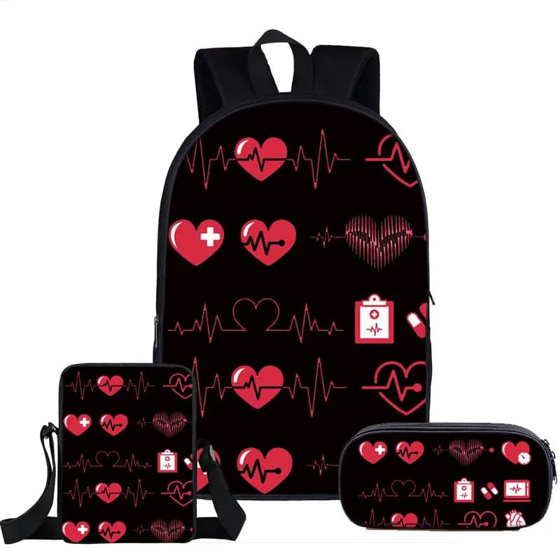 Lusso popolare infermiera cuore stampa 3D 3 pezzi / set borse da scuola per alunni zaino per laptop zaino borsa a tracolla inclinata astuccio