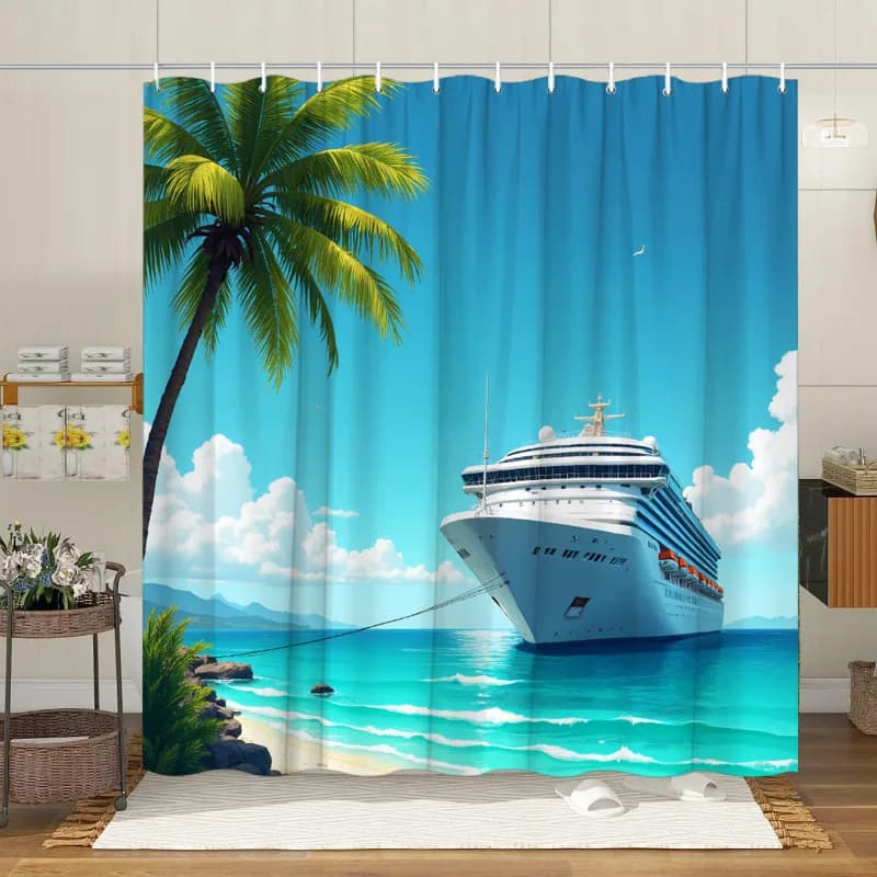 Tenda da doccia per nave da crociera da 1 pezzo - Mare tropicale, vaso bianco, acque turchesi, palme e montagne, 70x70", 12 ganci