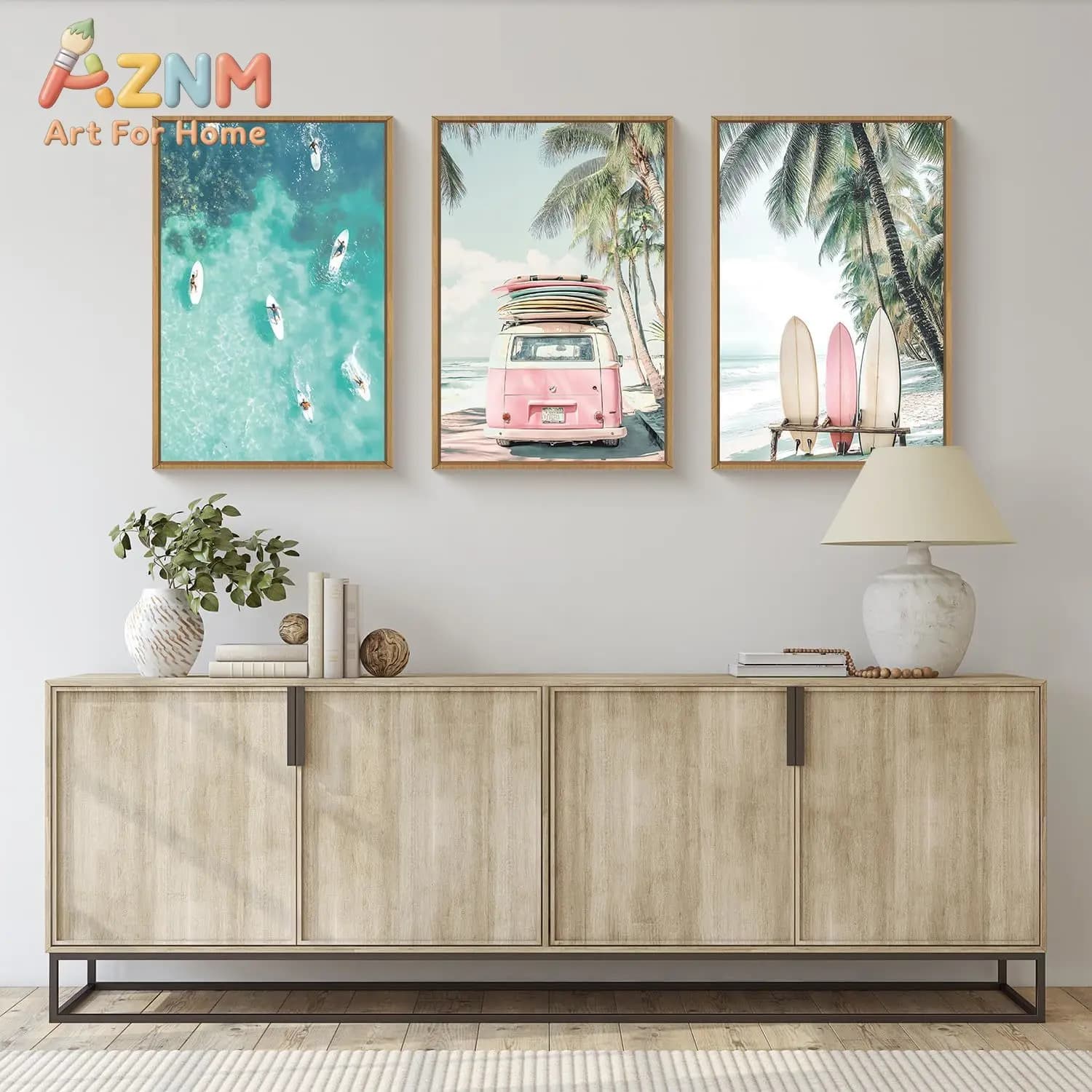 3pcs Summer Surfboard Beach Canvas Wall Art Surfing Sea View Coastal Bus Coconut Tree Wall Painting Living Room Home Decoration