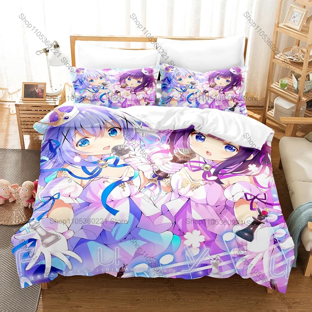 Cool Cute Kpop Is The Order A Rabbit Bedding Set Cartoon Character Duvet Cover & Pillowcases Bedroom Decoration