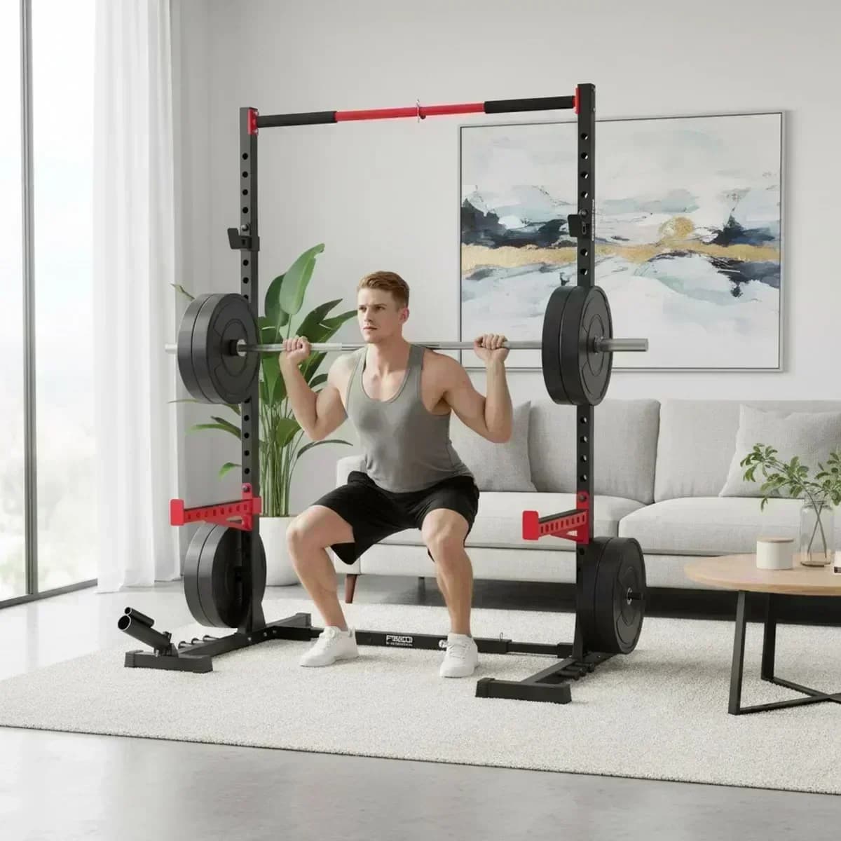 Adjustable Home Gym Squat Rack with Pull Up Bar Heavy Duty Steel Barbell Power Cage for Weightlifting Training