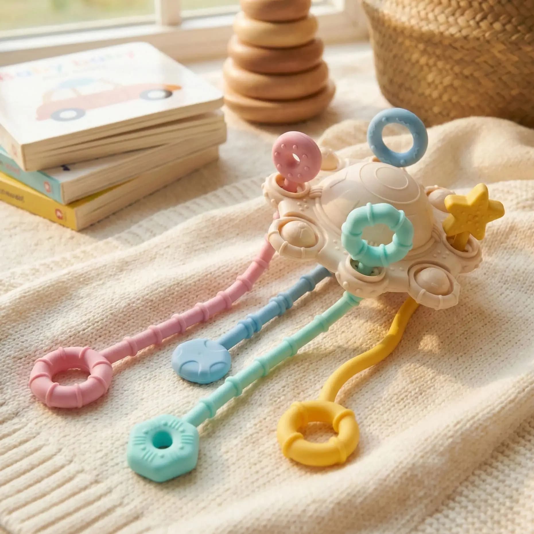 Giocattolo Sensoriale per Neonati con Cordino, Giocattoli Educativi Montessori in Silicone per la Dentizione dei Bambini 18M+