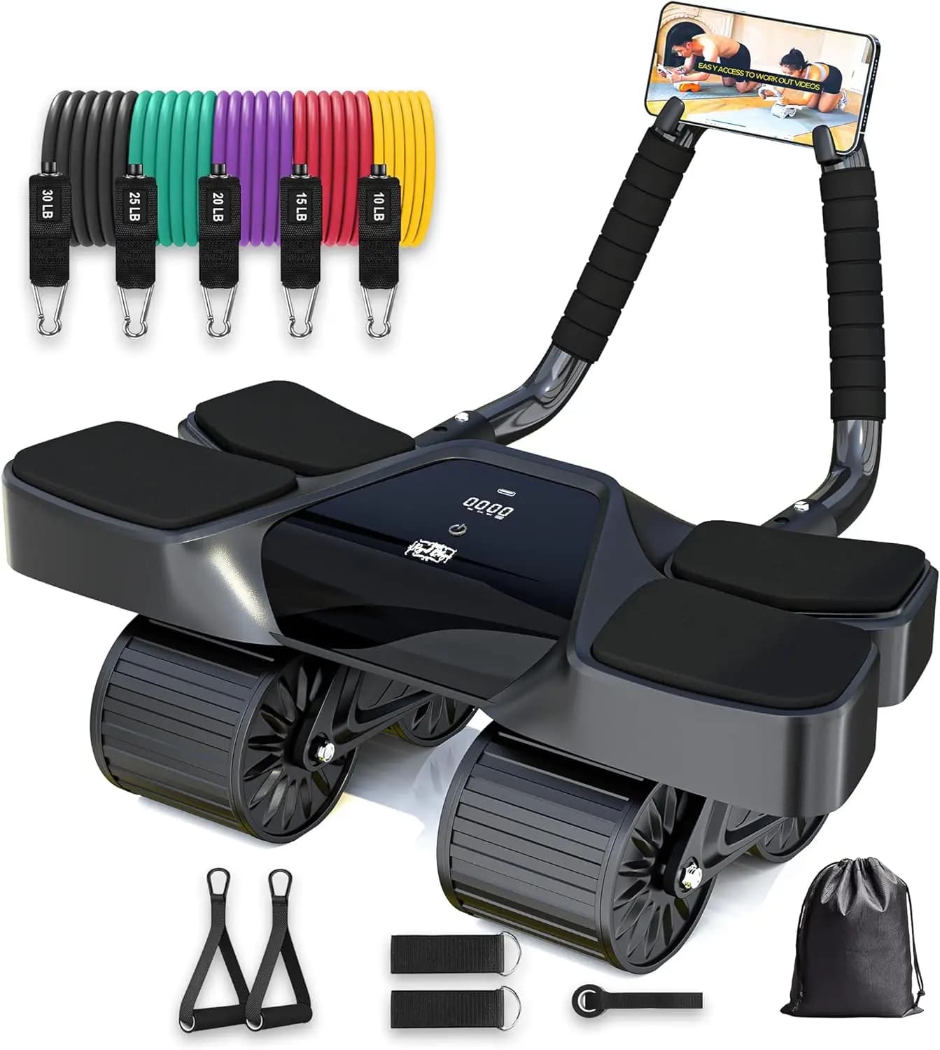 4 Wheel Abdominal Roller with LCD Screen, Resistance Bands, Cable Belts, Door Anchor, Handles and Travel Bag - Comfortable Support for Elbows