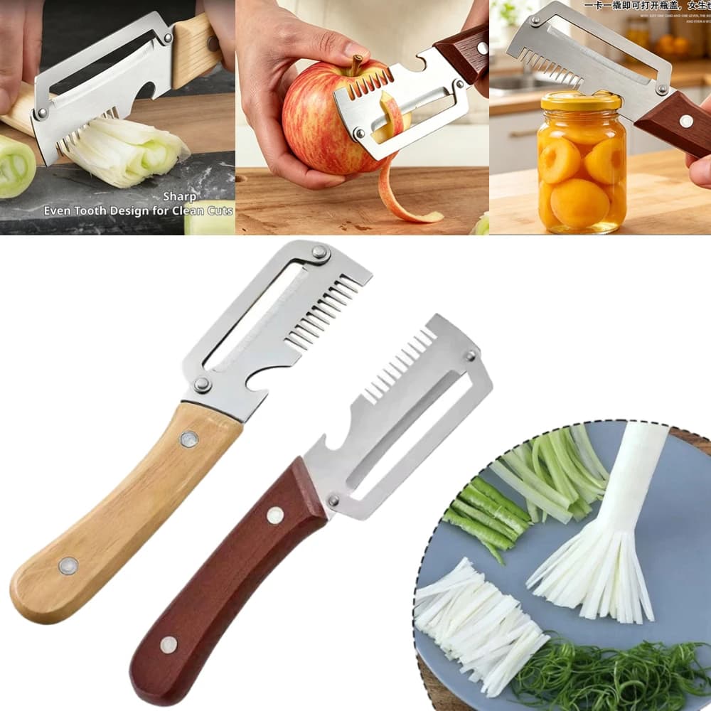 Pelapatate Portatile 3-in-1 con Manico in Legno, Coltello Seghettato per Affettare e Sminuzzare Frutta e Verdura con Apribottiglie per Casa