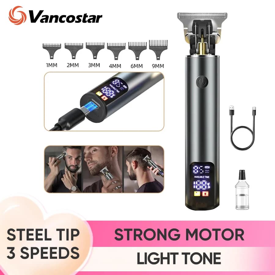 Rechargeable Hair Clipper Electric Hair Trimmer 3 Speed LED Display Metal and Beard Groomer for Men Barber Professional Hair Cut