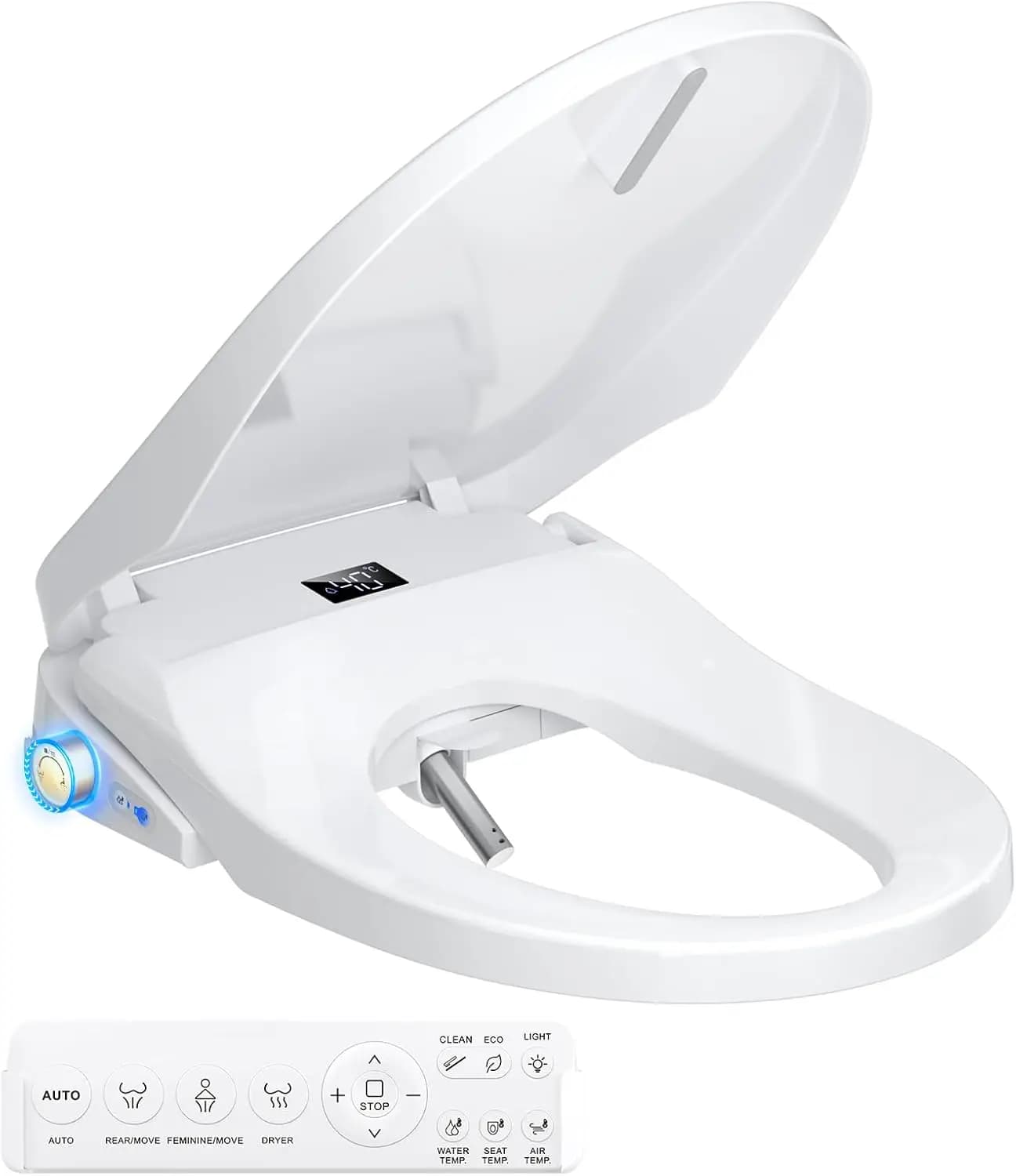 Sedile WC Bidet Riscaldato Intelligente, Lavaggio e Asciugatura ad Acqua Calda, Luce Notturna, Chiusura Ammortizzata, Allungato Bianco