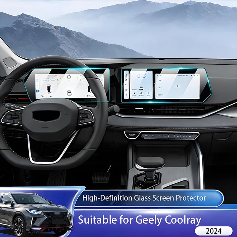 Adatto per Geely Coolray 2024, protezione per schermo in vetro temperato da 12,3 pollici per navigatore GPS integrato e da 10,25 pollici per cruscotto, set da 2 pezzi.