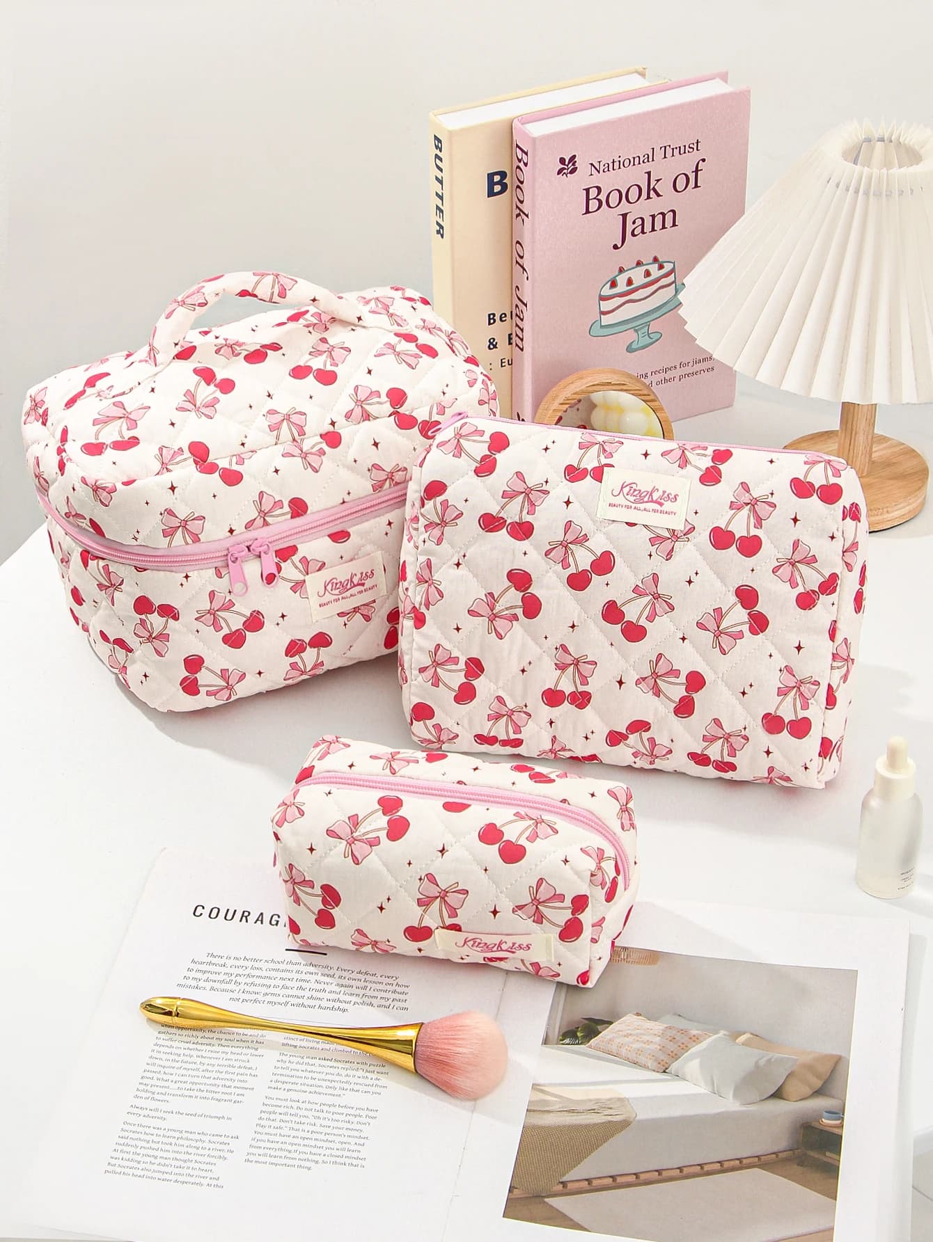 1/3Pcs Cherry & Bow Pattern Makeup Bag Set, Large Capacity Cosmetic Storage Bag, Zipper Makeup Organizer Pouch