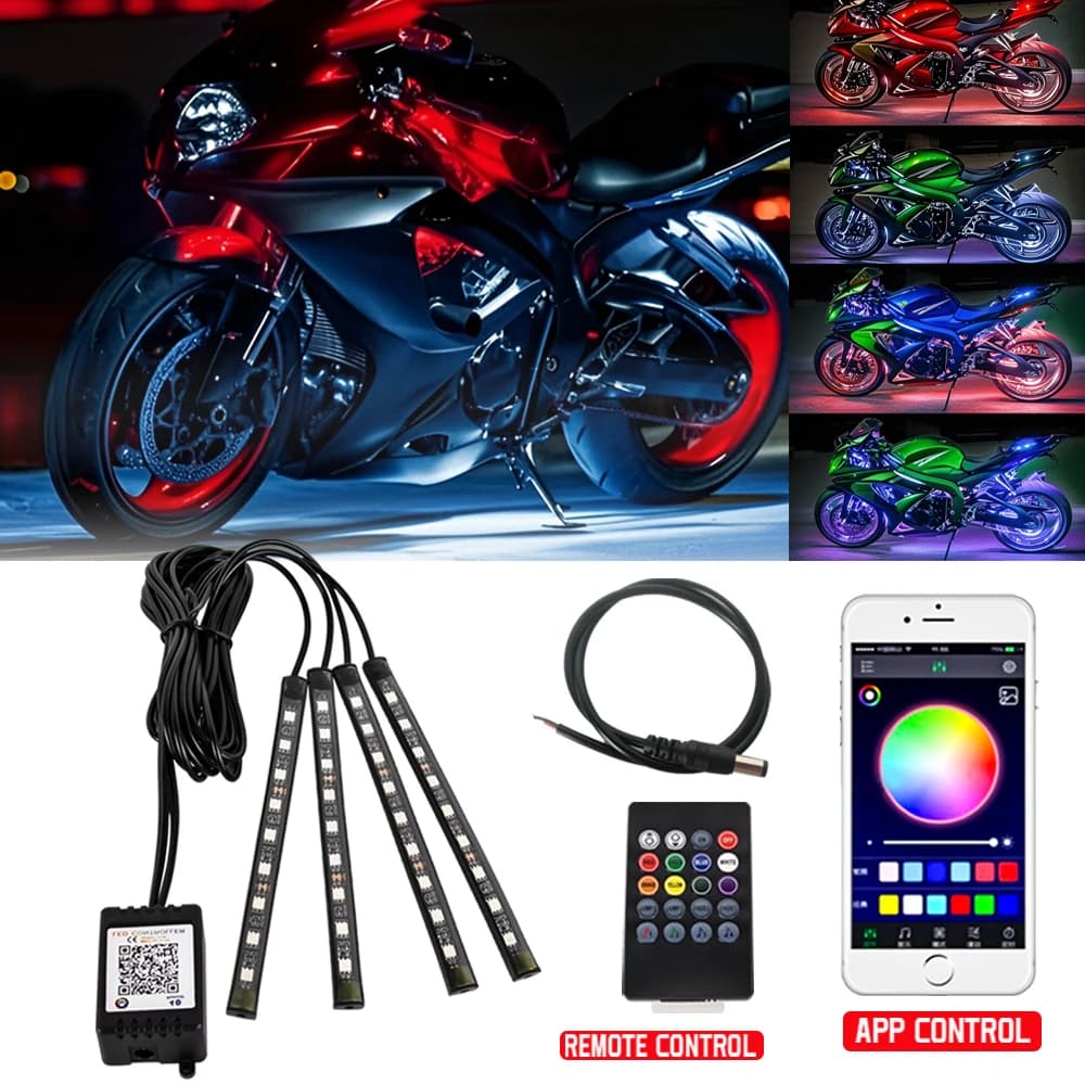 RGB LED Motorcycle Atmosphere Light Kit for Foot APP Musical Control Waterproof Flexible Neon Strip for Decorative Car Motor 12V