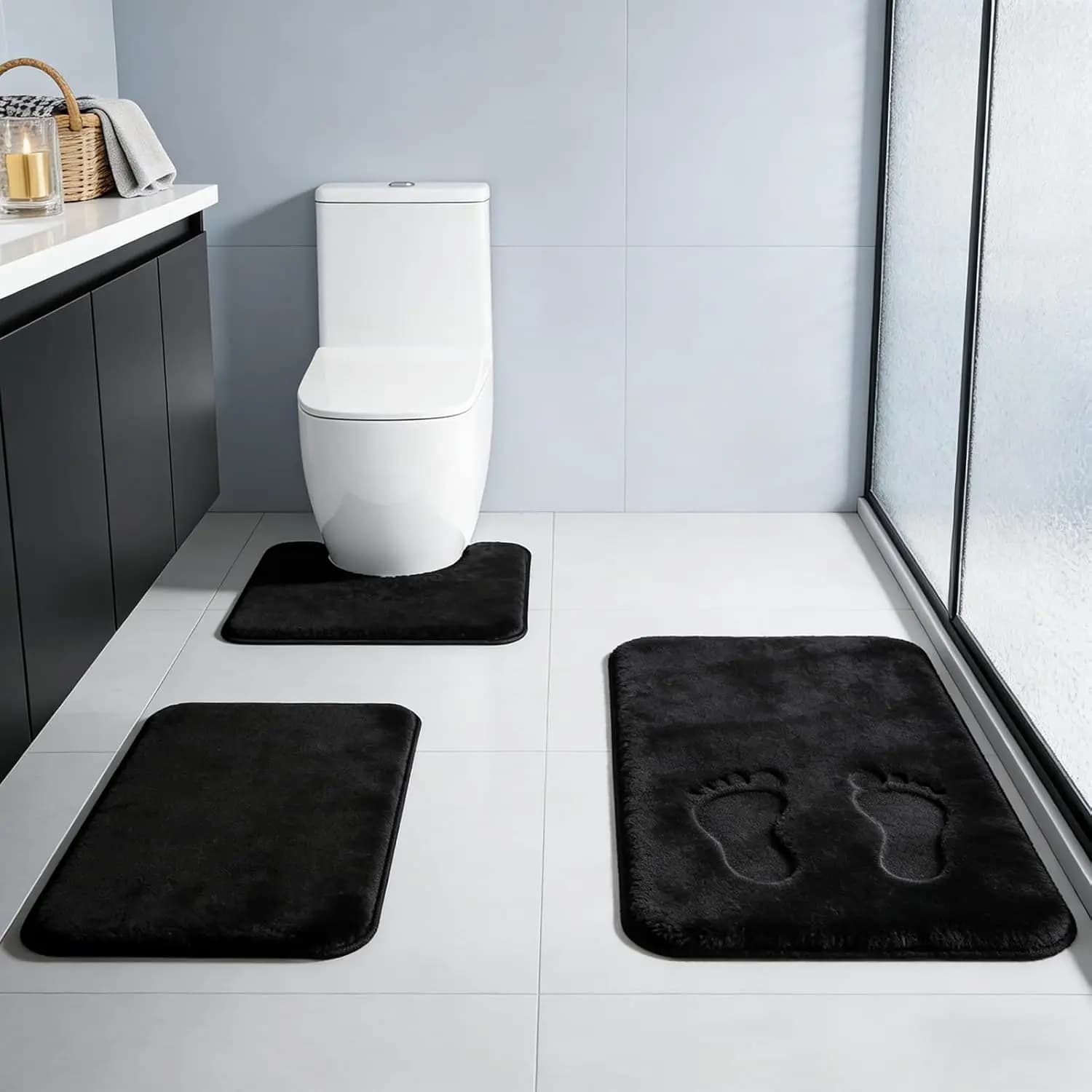 Set di 3 Tappetini da Bagno in Memory Foam Nero, Antiscivolo e Assorbenti, Lavabili in Lavatrice