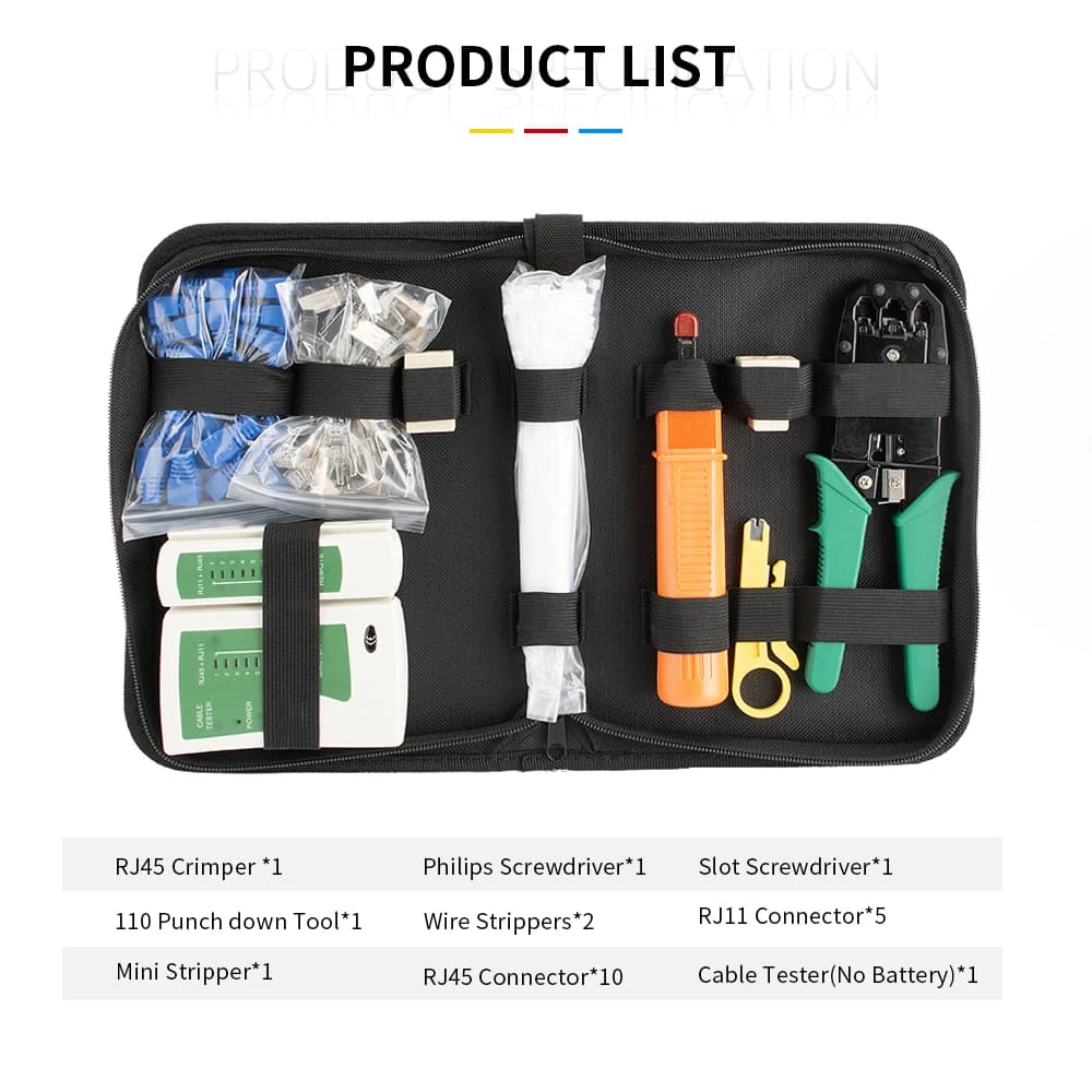Kit di Crimpatura RJ45 8P6P4P, Tester di Rete per Connettori Schermati Cat5, Strumento di Inserimento, Accoppiatore, Splitter, Fascette per Cavi, Guaine Protettive, Borsa Porta Attrezzi