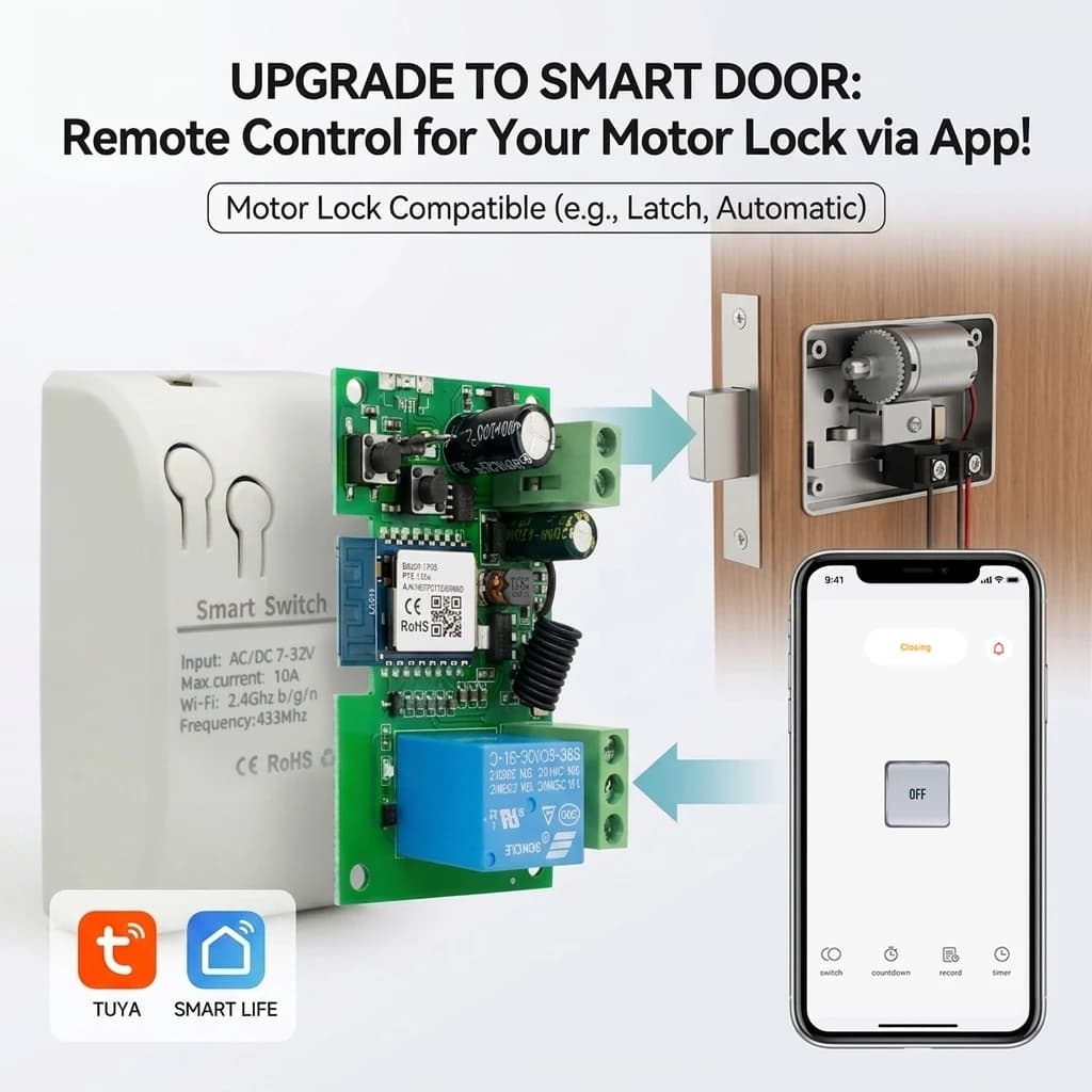 Serratura Intelligente WiFi per Porta con Motore, Apriporta Elettronico Tuya con Telecomando, Ricevitore RF Automatico, Compatibile con Alexa