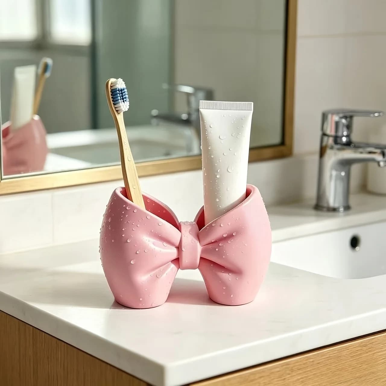 Plastic Toothbrush Holder, Cute Bow Design, Perfect for the Bathroom or Bedroom - Cute Toothbrush and Pen Display Stand
