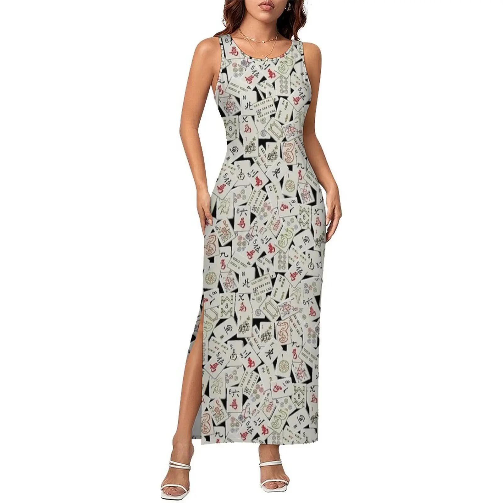 Dense Mahjong Tiles Seamless Print Dress Sleeveless Street Style Maxi Dresses Cute Bodycon Dress Woman Pattern Oversize Vestidos