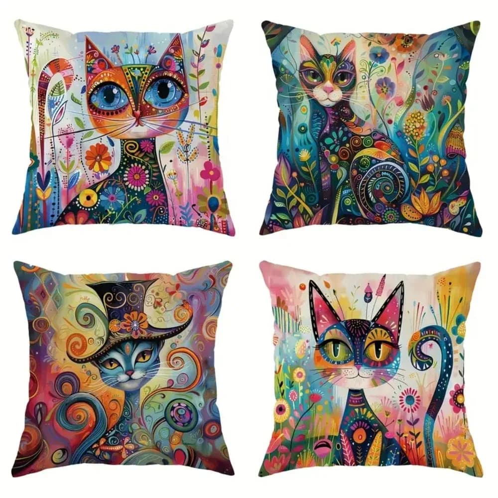 Fodera per cuscino con motivo gatti fantasia colorati per decorazioni domestiche, adatta per divano, camera da letto, auto
