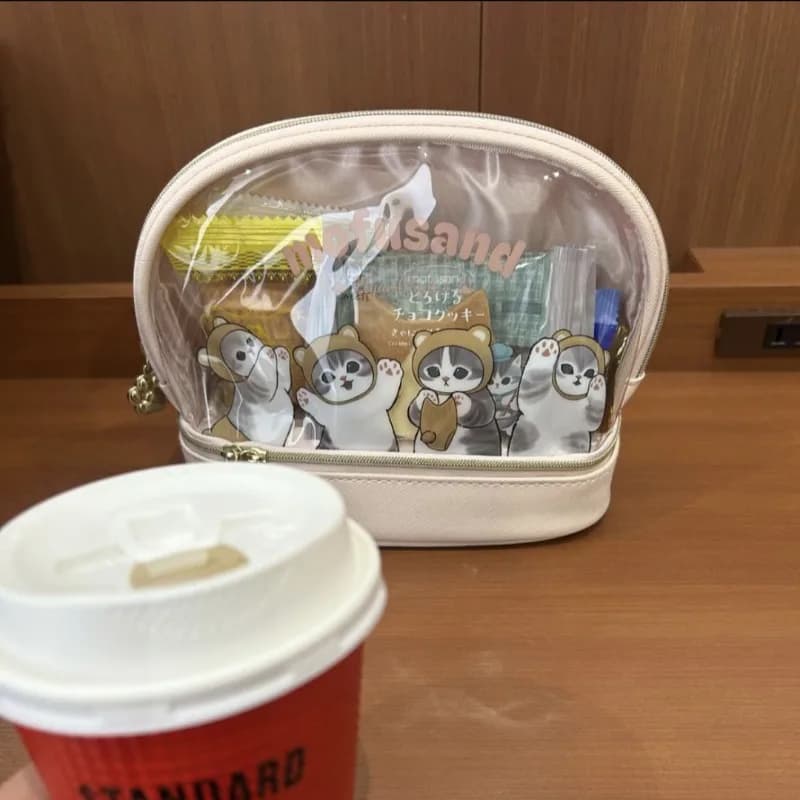 New Kawaii Role Mofusands Series Transparent PVC Makeup Bag Cartoon Creativity Cute Portable Double Layered Makeup Kit Gift