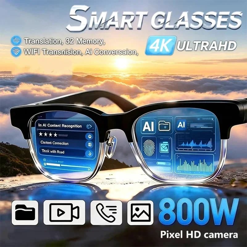 Occhiali Smart AI 4K con Controllo Remoto, Fotocamera Touch, Registrazione, Traduttore, Assistente Vocale, Connessione Bluetooth Wireless