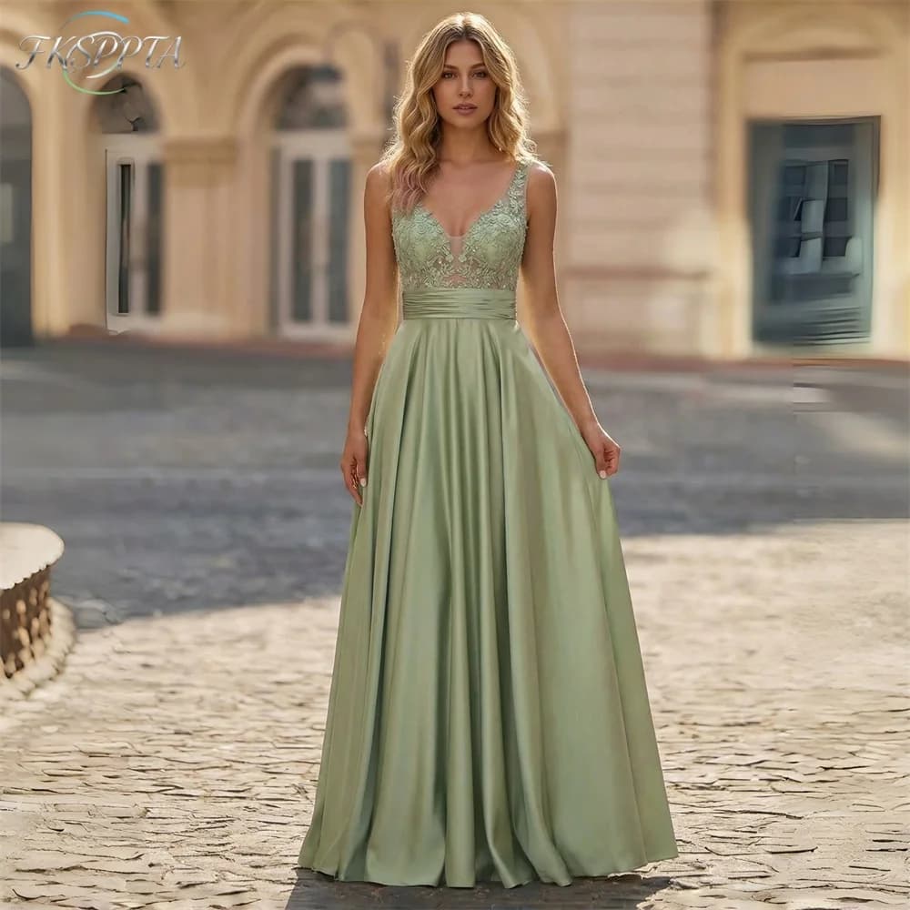 Elegant Long Sage Green Evening Dress Chic Appliques Tulle A Line Satin Women Special Occasion Gowns For Wedding Party Wholesale