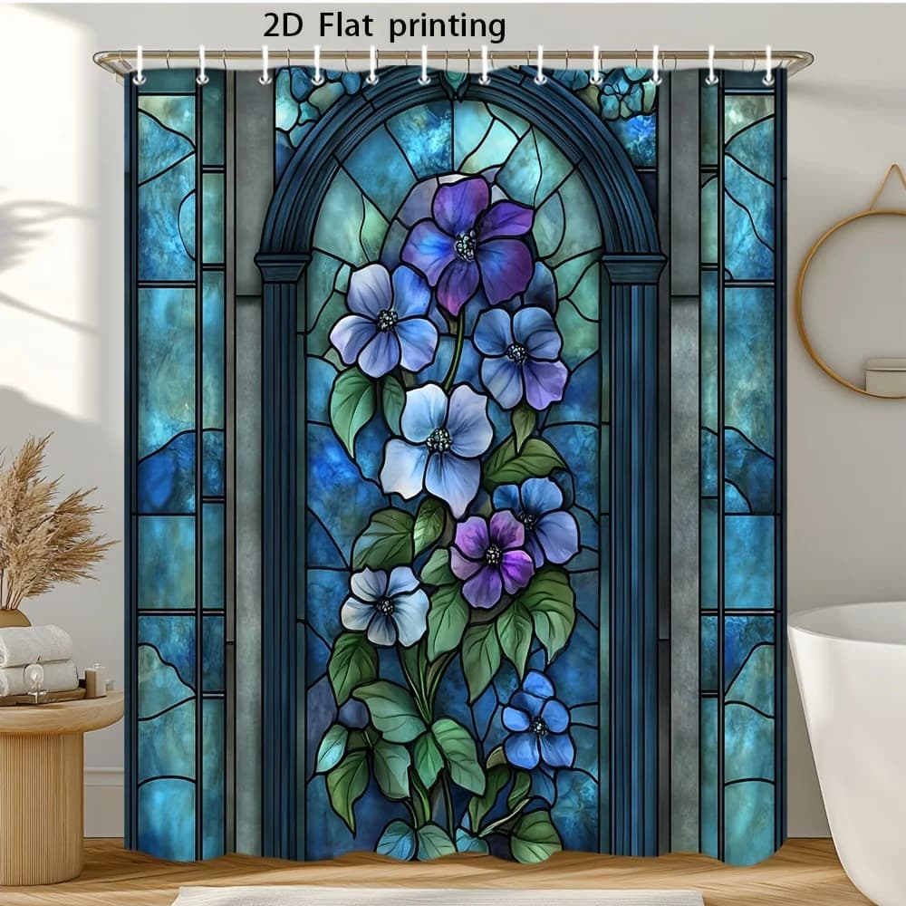 1 pz Elegante Tenda Doccia in Vetro Colorato - Design Floreale Blu, Viola e Verde per Finestra del Bagno, Divisorio Semi-Privacy per Vasca