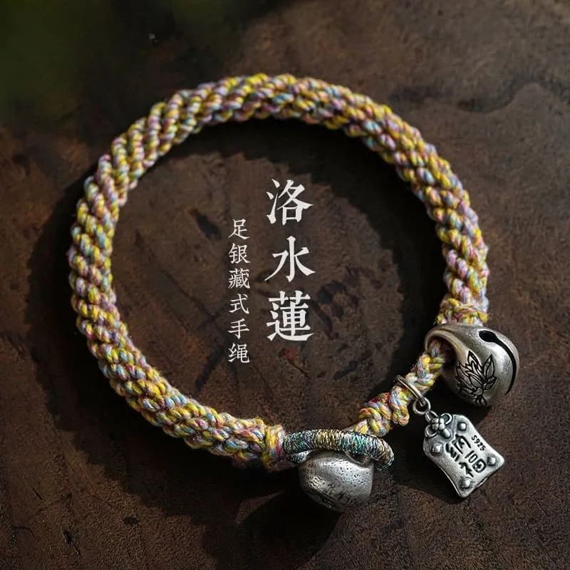 Colorful Rope Luoshui Lotus Sterling Silver Bell GoodLucky Hand-Woven Corn Knot Hand Rope Jewelry Women's Tibetan-style Bracelet