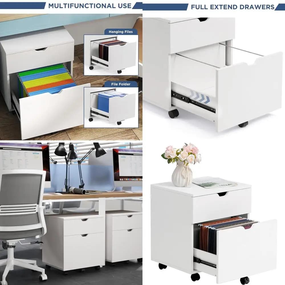 Mobiletto Portadocumenti Bianco a 2 Cassetti in Legno per Ufficio Domestico, Archiviazione Sotto Scrivania, Adatto per Cartelle A4/Letter, 11,8 Pollici