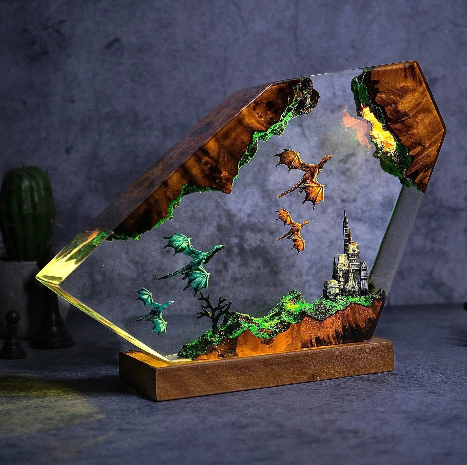 ZZ 2026 Medieval Castle Dragon Themed Resin Table Lamp Hand Cast Epoxy Atmosphere Light Desktop Art Craft Holiday Present