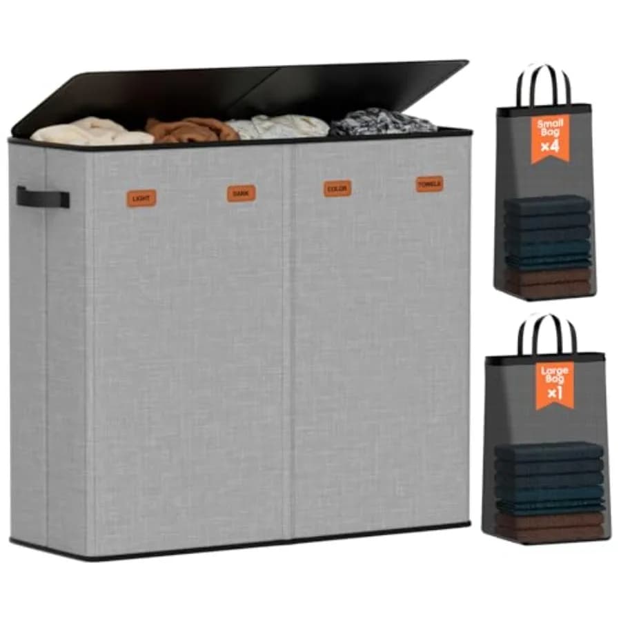 Cesto Portabiancheria con Coperchio, Organizzatore per Bucato con Sacchi Rimovibili + 1 Sacco Extra Large, Cesto Portabiancheria a 3/4 Scomparti Intercambiabili