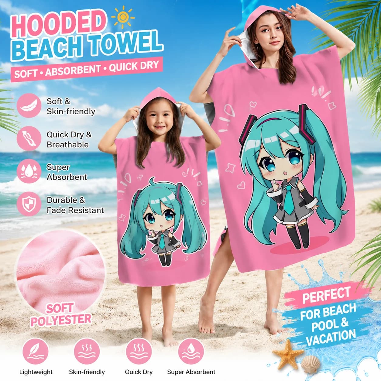 Parent-Child Chibi Hatsune Miku Hooded Beach Towel, Pink Quick Dry Absorbent Bath Robe for Adult Kids