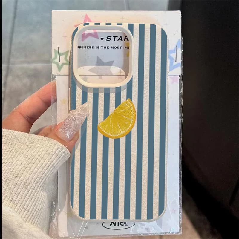 For iPhone 17 16 15 14 13 12 11 Pro Max Case Blue Striped Lemon Fresh Pattern Cover For iPhone XS X XR 16 Plus 16e Soft Funda