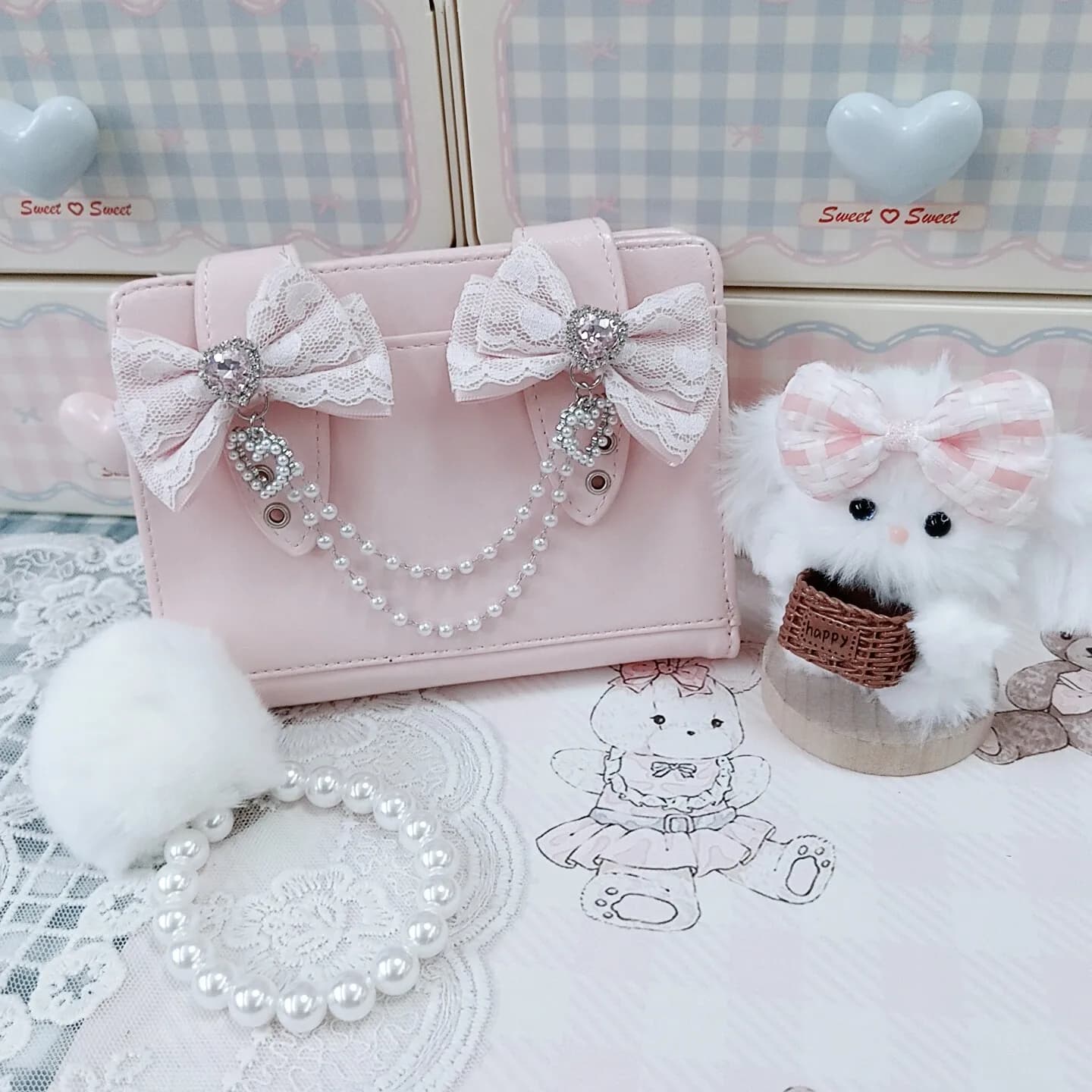 Original Handmade Japanese Bow Hairball Wallet Cute Rabbit Ear Passport Bag Large Capacity Lolita Wallet