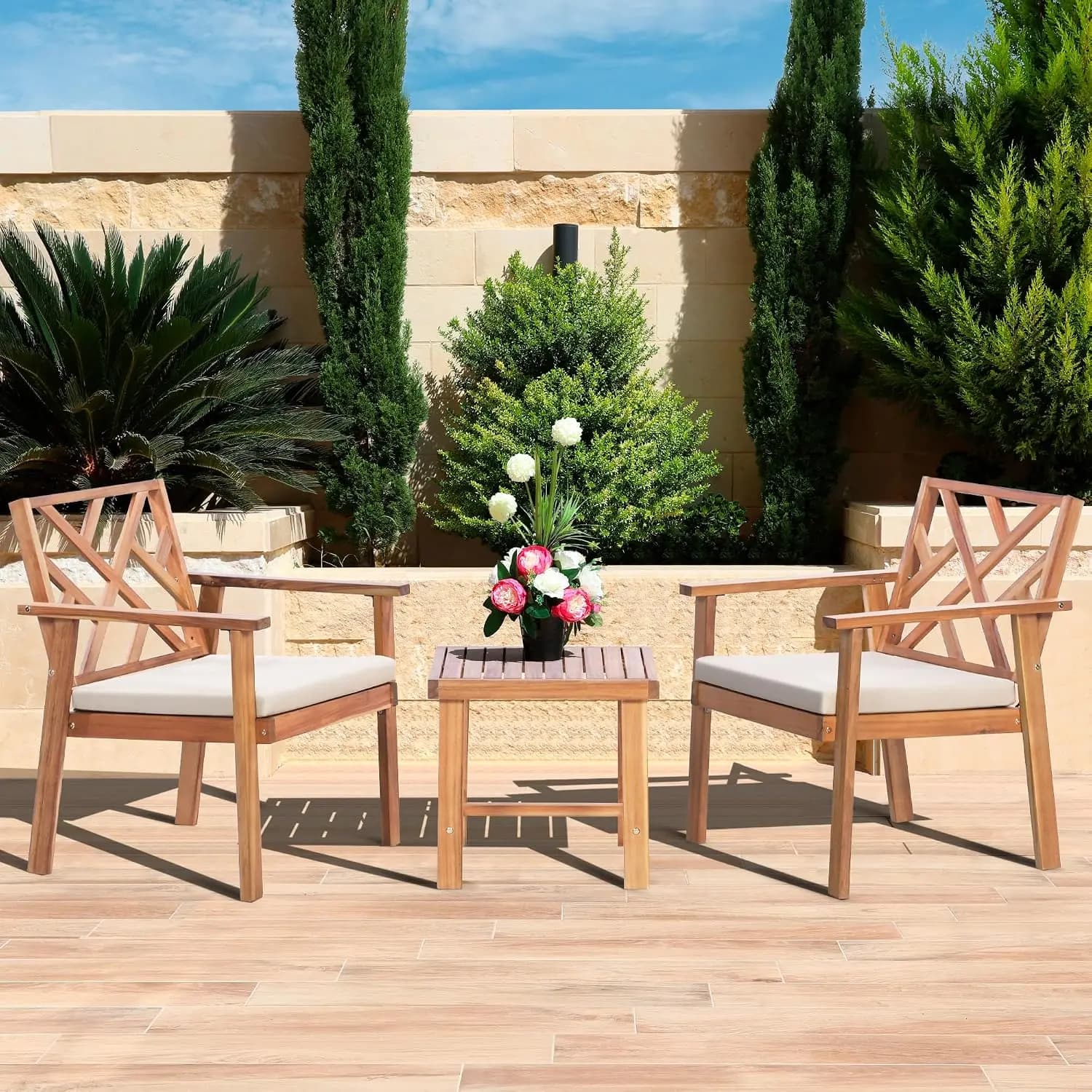Three Piece Acacia Wood Outdoor Patio Furniture Set, Conversation Seating Group With Padded Cushion Chairs And Coffee Table, Freestanding Weather Resistant Lawn Balcony Deck Backyard Lounge, Natural