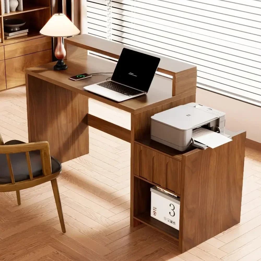 60 Inch Executive Desk with Drawers, Home Office Desk with Printer Shelf, Modern Walnut Computer Desk, Monitor Stand, Charging S