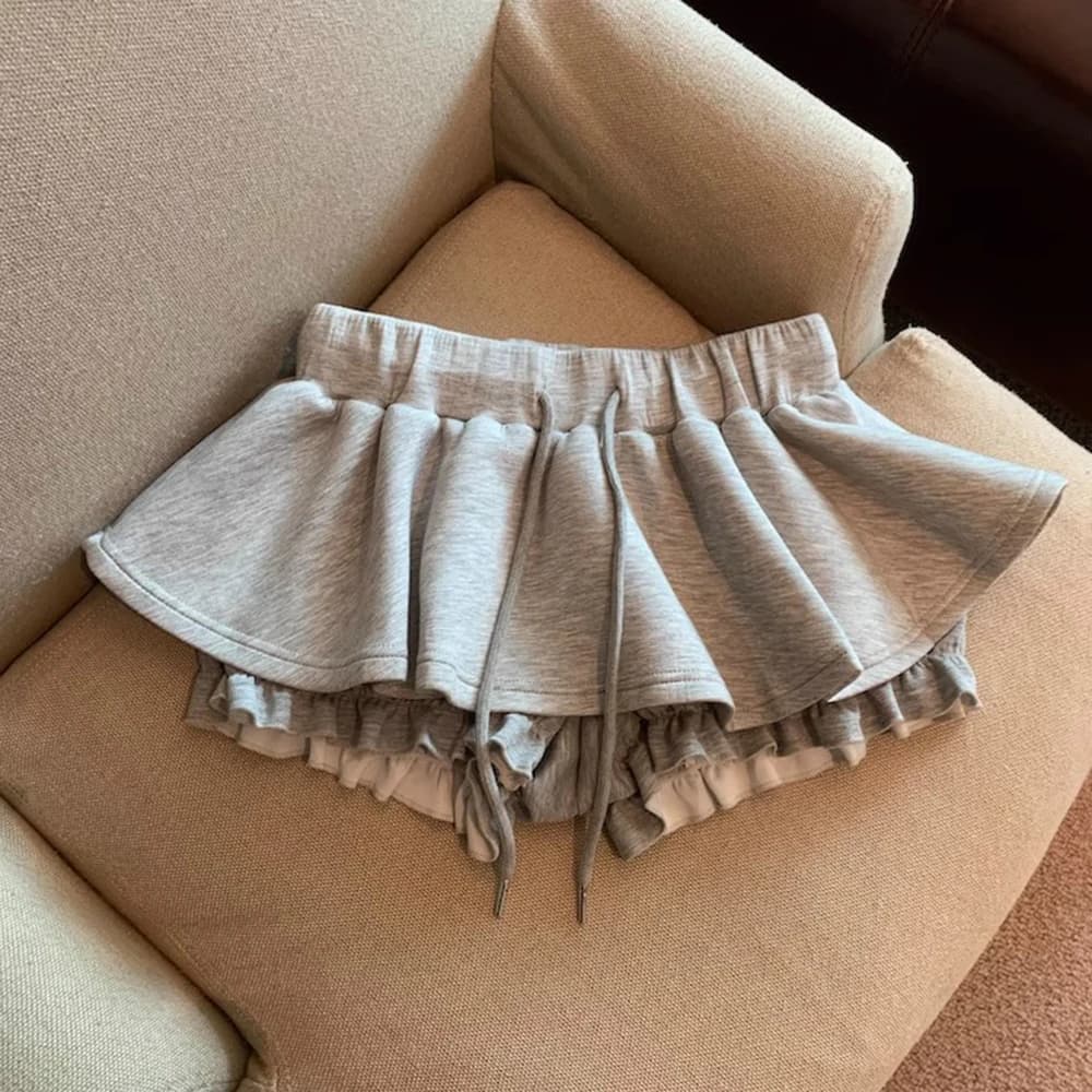 Minigonna a pieghe grigia da donna con coulisse in vita elastica con finiture in pizzo Bloomer stile balletto dolce estate gonna coreana femminile alla moda