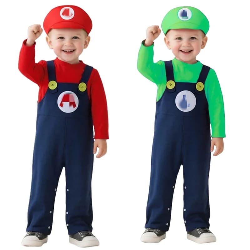 Costume da idraulico per bambini Rosso Verde Gioco anime Tuta da idraulico Costume da festa per feste Uniforme con bottoni Body in puro cotone autunno/inverno