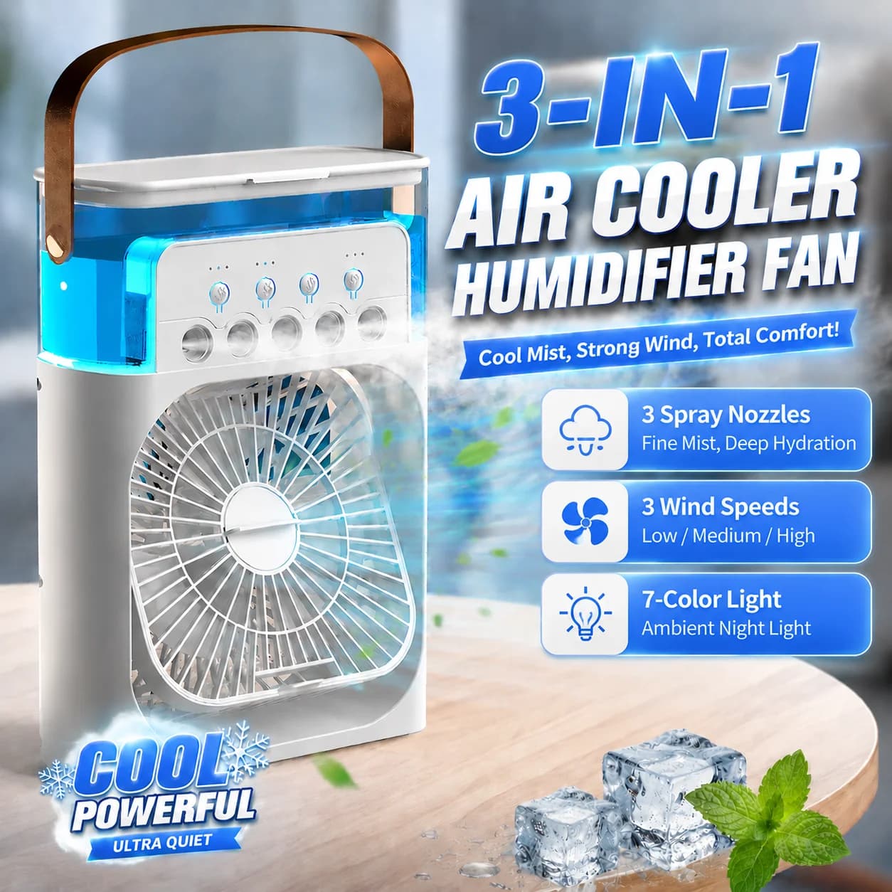 Ventilatore 3-in-1 con Condizionatore d'Aria, Luce LED, Umidificatore Portatile, Funzione Timer per Casa e Ufficio, Ventilatore da Tavolo con Nebulizzatore