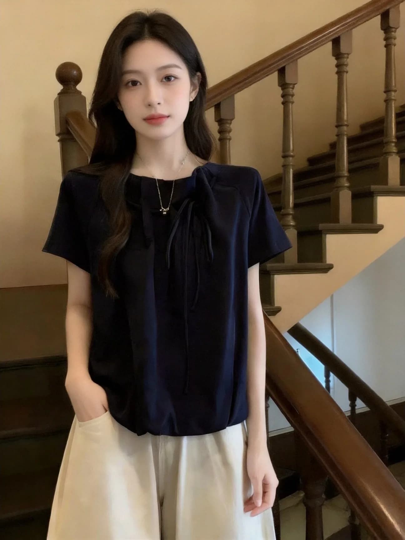 Loose Fit Floral Print Shirt Women's Summer New Design Short Sleeve Drawstring Pleated Dark Blue Women's French Style Blouse