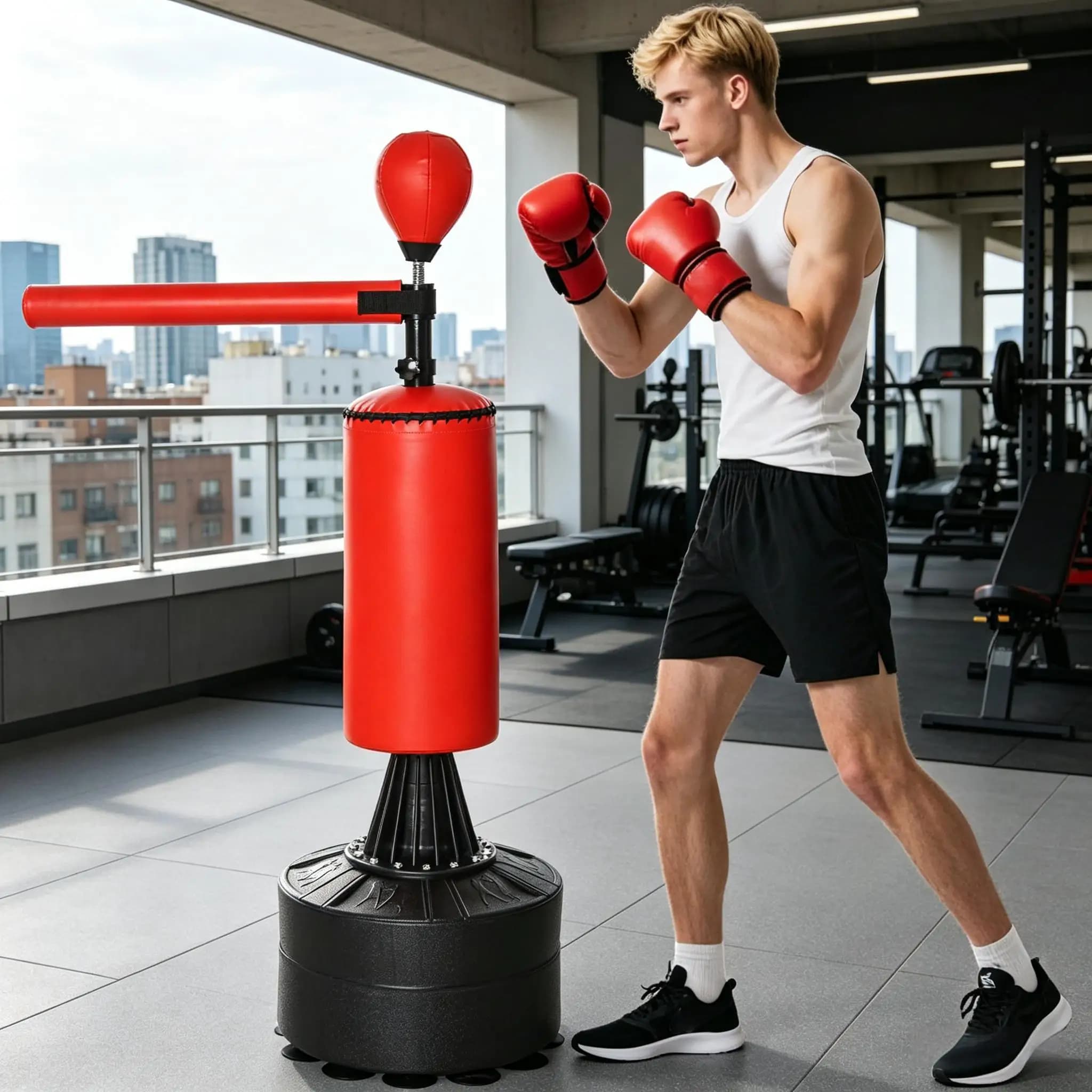 Freestanding Boxing Bag Set with Speed Ball & Gloves, Rotating Punching Bag with Weighted Base, All-in-One Home Gym Equipment
