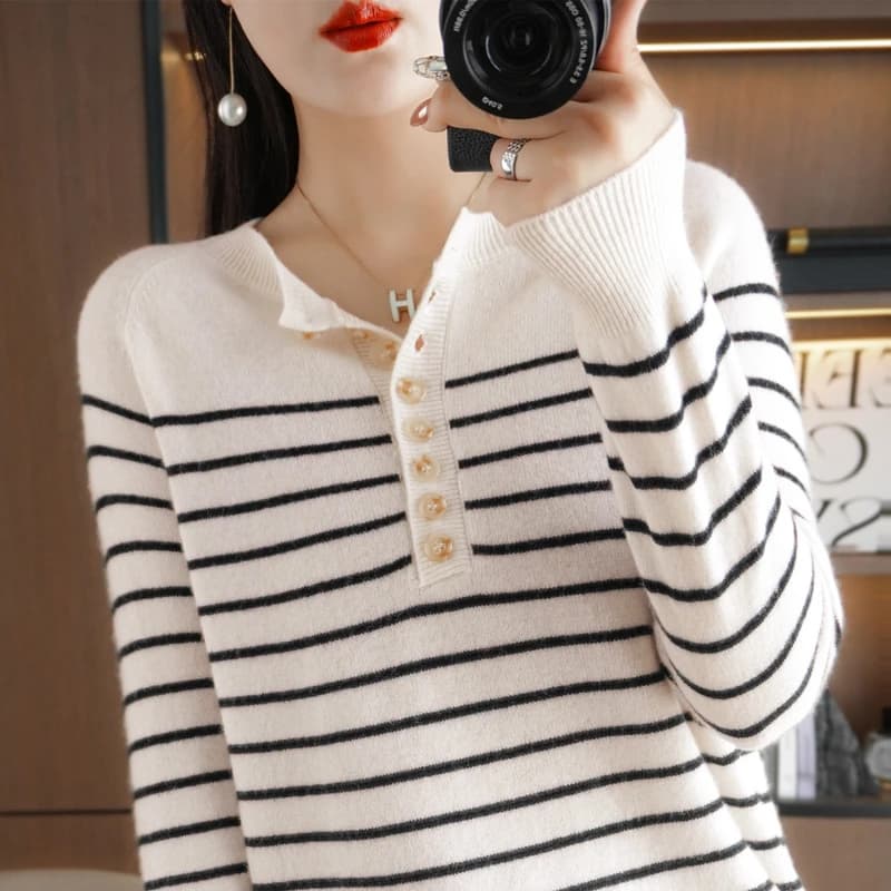 Maglione bicolore a righe da donna primaverile e autunnale a maniche lunghe con scollo a V Nuovo maglione pullover in cotone 100% per donna - SMY258