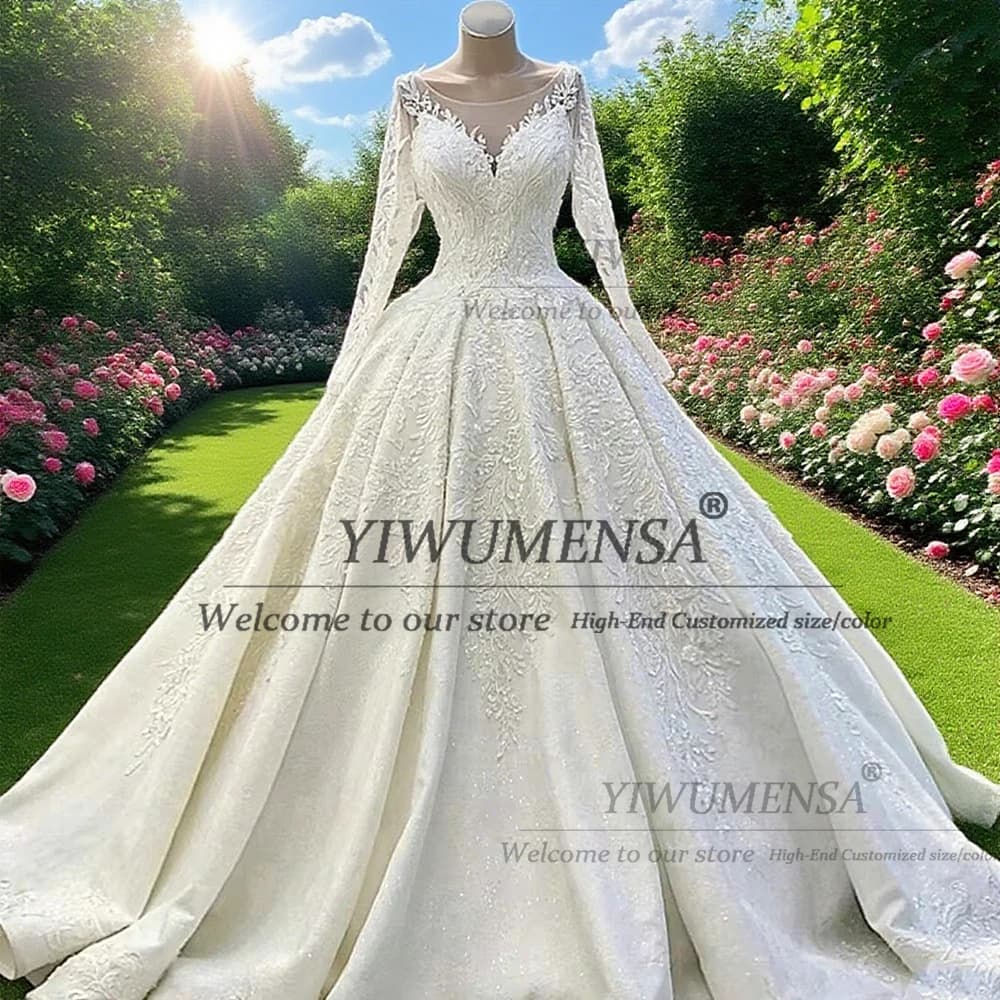 Abiti da sposa con scollo rotondo con applicazioni in pizzo arabo per la sposa maniche lunghe personalizzate abiti da sposa A Line Vestido De Novia A192