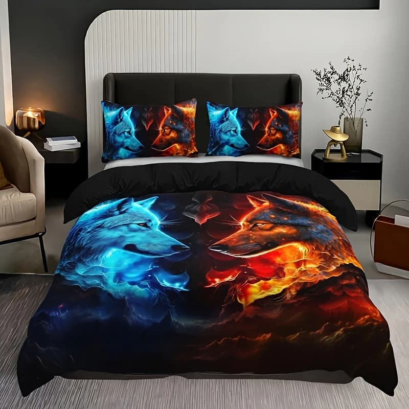 Set copripiumino Wolf Flame Set biancheria da letto in poliestere morbido e traspirante per tutte le stagioni include copripiumino e 2 federe