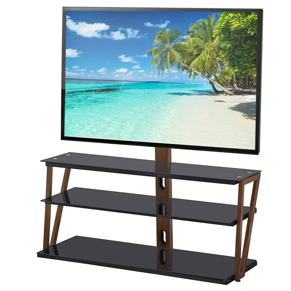 Supporto TV Girevole a 3 Ripiani in Vetro per TV 32-65 Pollici, Gestione Cavi Regolabile, Angolare con Vano Portaoggetti, VESA 600x400, Personalizzabile