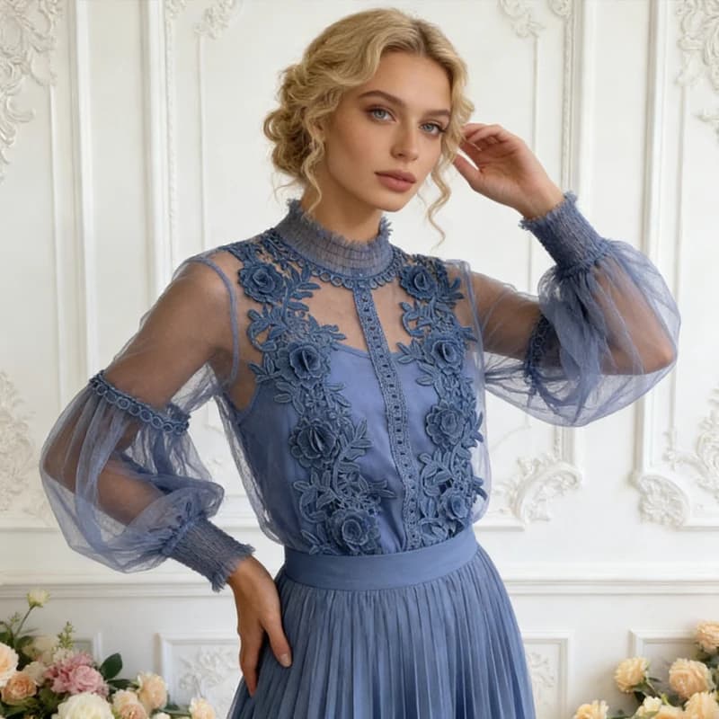 Women's Vintage Lace Shirt with Flowers, Transparent Net Lantern Sleeves, Top Stylish in Solid Color