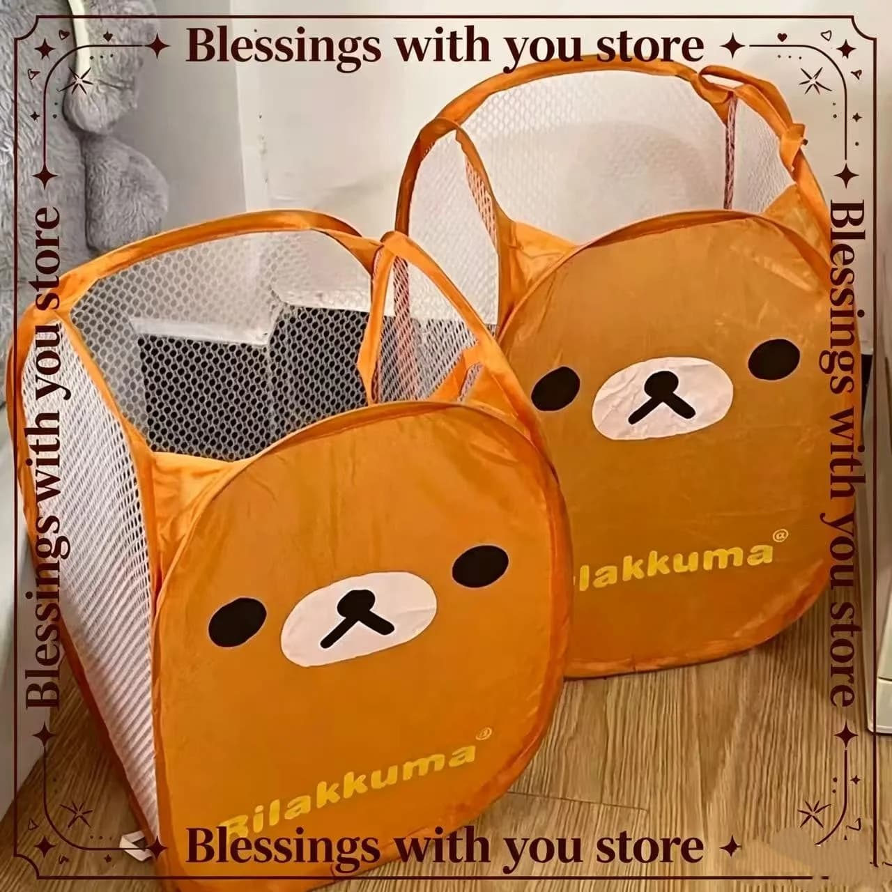 New Cartoon Rilakkuma Mesh Folding Large Capacity Laundry Basket Cute Portable Storage Frame Dormitory Household Laundry Basket